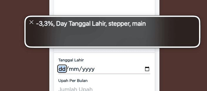 Format tanggal pada simulasi JP dibacakan: "-3.3% Day Tanggal Lahir, stepper, main"