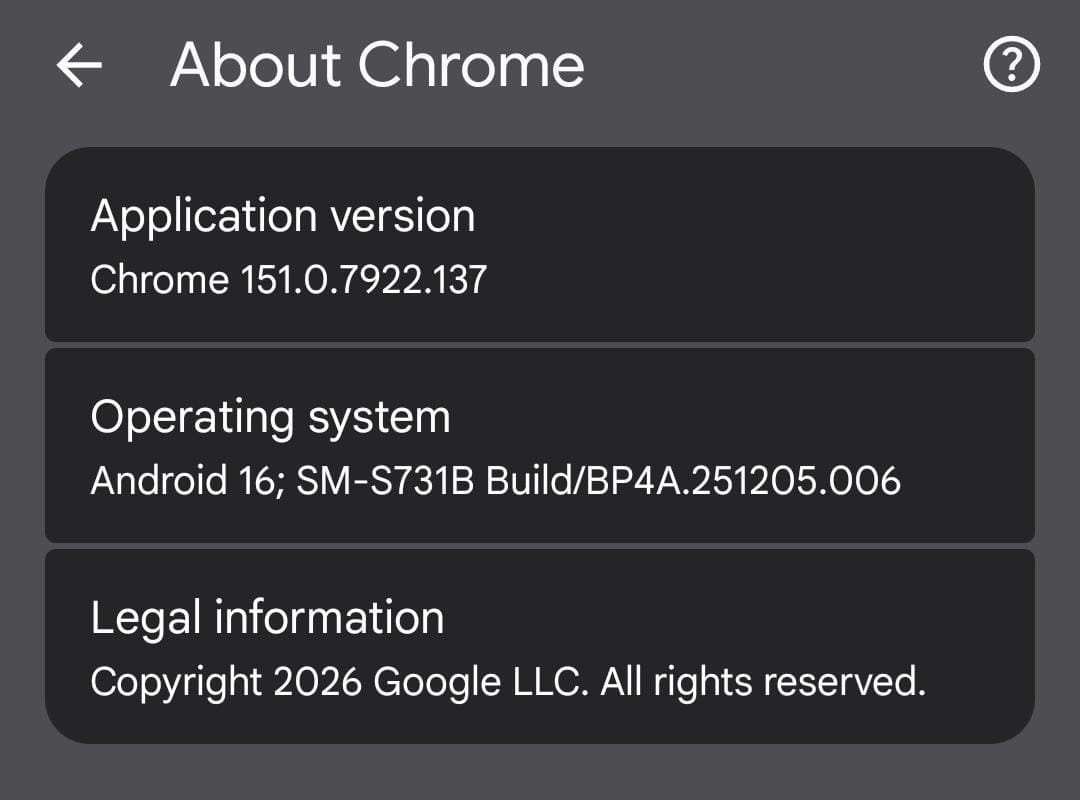 About Chrome page on phone