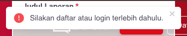 Popup dengan teks "Silakan daftar atau login terlebih dahulu."
