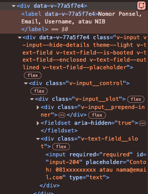 Label username tidak terhubung dengan field-nya