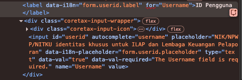 Atribut for yang salah pada field userid